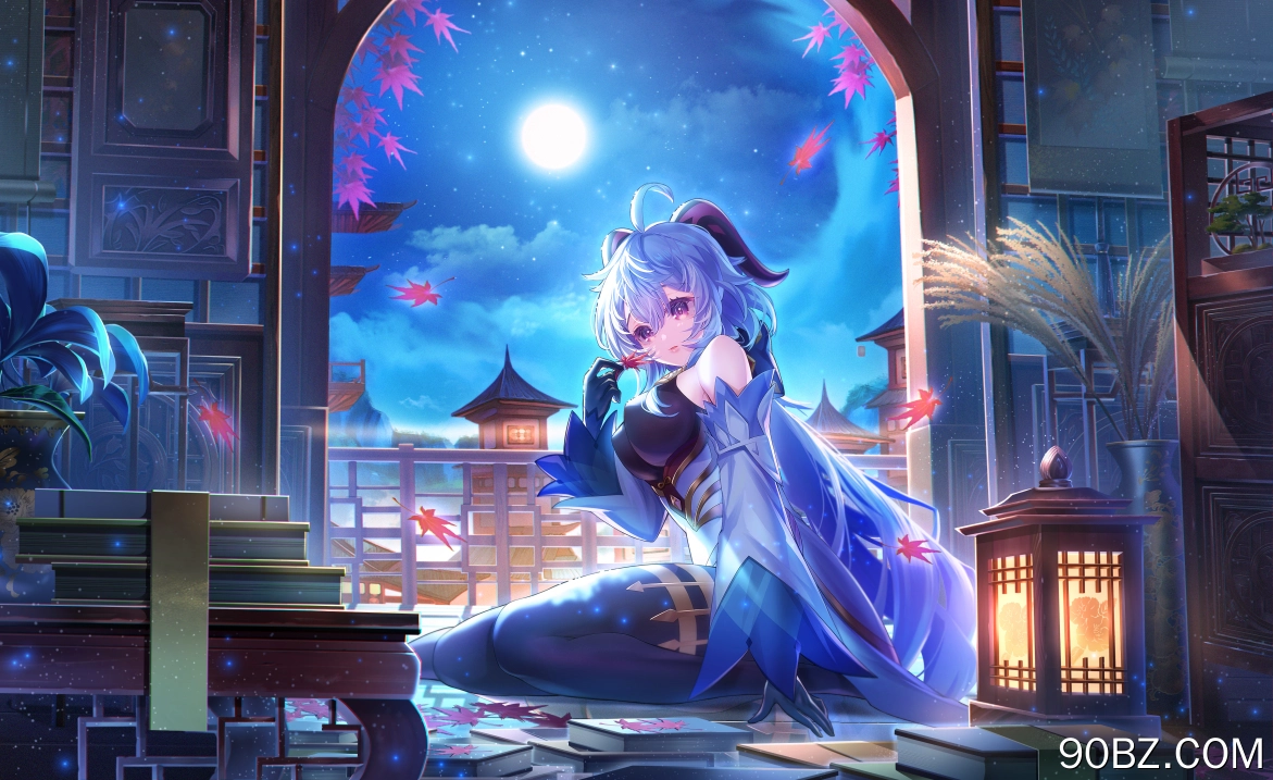 原神 动漫 女孩 树叶 夜 月 书 4K壁纸