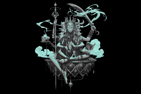 幻想 艺术 剑 龙 头骨 角 黑色背景 青色 4K壁纸 4800x2400