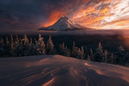 云 自然 风景 日落 俄勒冈州 冬天 雪 山脉 夕阳辉光  电脑壁纸 4K壁纸 5000x3333