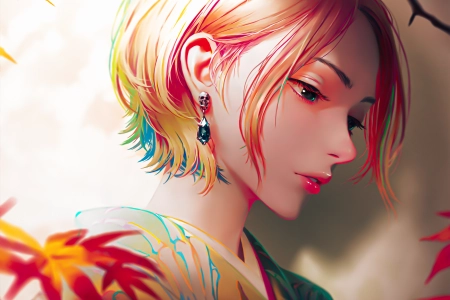 多色头发 动漫 女孩 树叶 耳环 手机壁纸 4K壁纸 4096x4096
