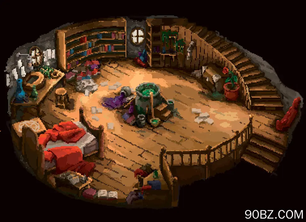 AI艺术 房间 床 楼梯 书架 桌子 书籍 水槽 像素 4K壁纸