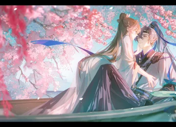 长发 马尾辫 樱花 动漫 女孩 男孩 船 树枝 花 花瓣 树叶 情侣 4K壁纸  4000x2251