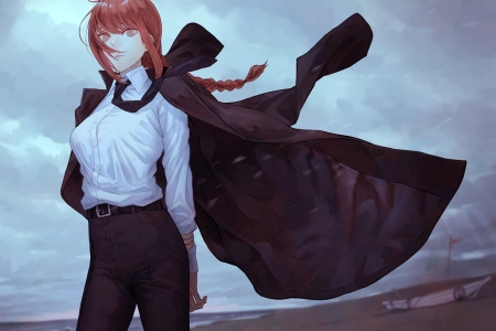 红眼睛 红发 辫子 领带 天空 海 电锯人 动漫 女孩  4K壁纸 4093x2894