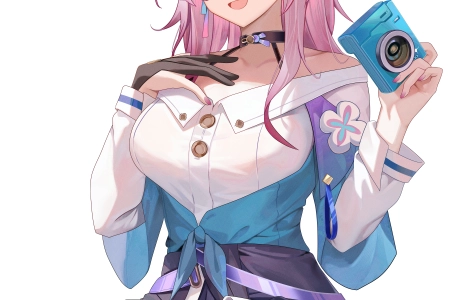 坐着 长发 崩坏 星际铁路 动漫女孩 脸红 相机 简单背景 白色背景 极简主义  手机壁纸 4K壁纸 4304x6117