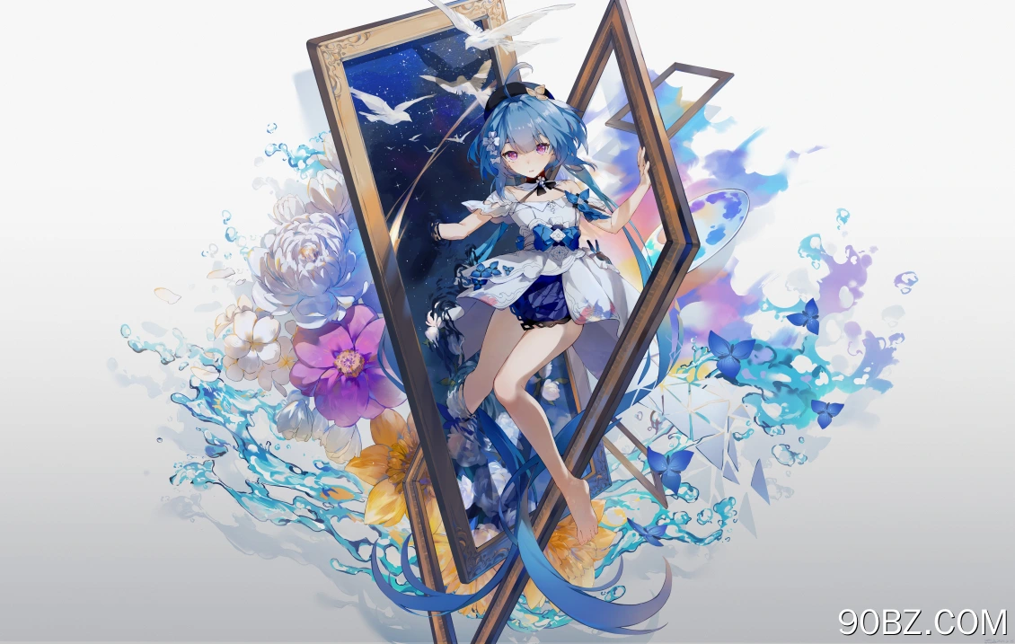 蓝色头发 赤脚 动漫 女孩 紫色眼睛 白色 连衣裙 绘画 帽子 水 花 白色背景 简单背景 8K壁纸