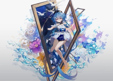 蓝色头发 赤脚 动漫 女孩 紫色眼睛 白色 连衣裙 绘画 帽子 水 花 白色背景 简单背景 8K壁纸  9396x5960