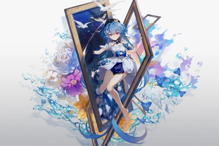 蓝色头发 赤脚 动漫 女孩 紫色眼睛 白色 连衣裙 绘画 帽子 水 花 白色背景 简单背景 8K壁纸 9396x5960