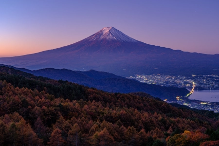 自然 风景 天空 晴朗 城镇 灯光 远景 树木 森林 夕阳 4K壁纸 6144x4608