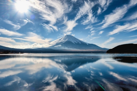 自然 风景 云 天空 太阳 湖泊 倒影 鸭子 树木 山丘 太阳 光线 镜头 耀斑 水 波纹 湖 4K壁纸 3840x2160