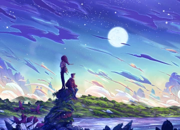 旅行者 AI艺术 奇幻艺术 云 山 草 星 夜 山 月亮 溪流 男人  电脑壁纸 4K壁纸  3840x2160
