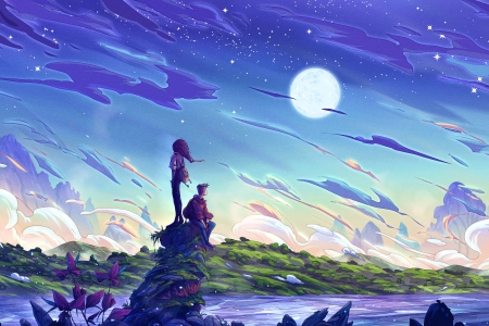 旅行者 AI艺术 奇幻艺术 云 山 草 星 夜 山 月亮 溪流 男人  电脑壁纸 4K壁纸 3840x2160