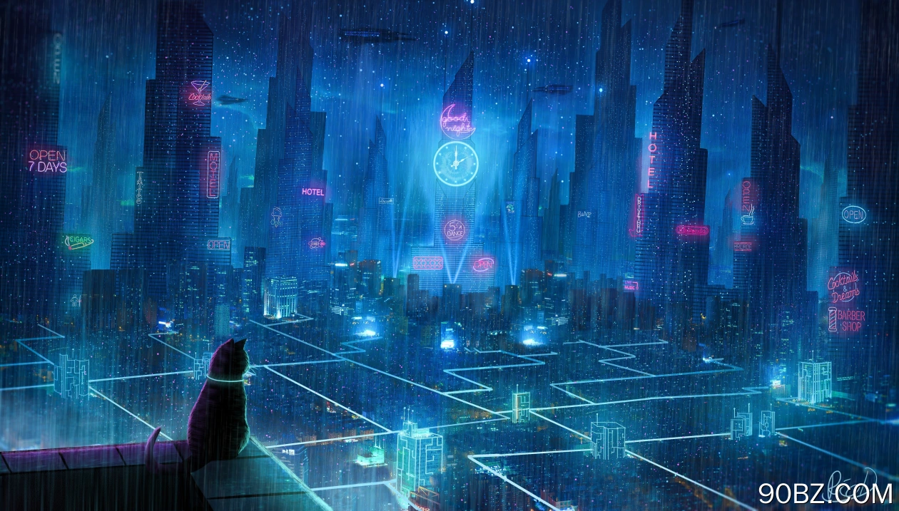 AI艺术 城市 未来主义 猫 奇幻艺术 科幻小说 远望 青色 霓虹灯 4K壁纸