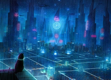 AI艺术 城市 未来主义 猫 奇幻艺术 科幻小说 远望 青色 霓虹灯 4K壁纸  4961x2824