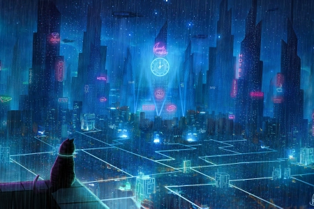 AI艺术 城市 未来主义 猫 奇幻艺术 科幻小说 远望 青色 霓虹灯 4K壁纸 4961x2824