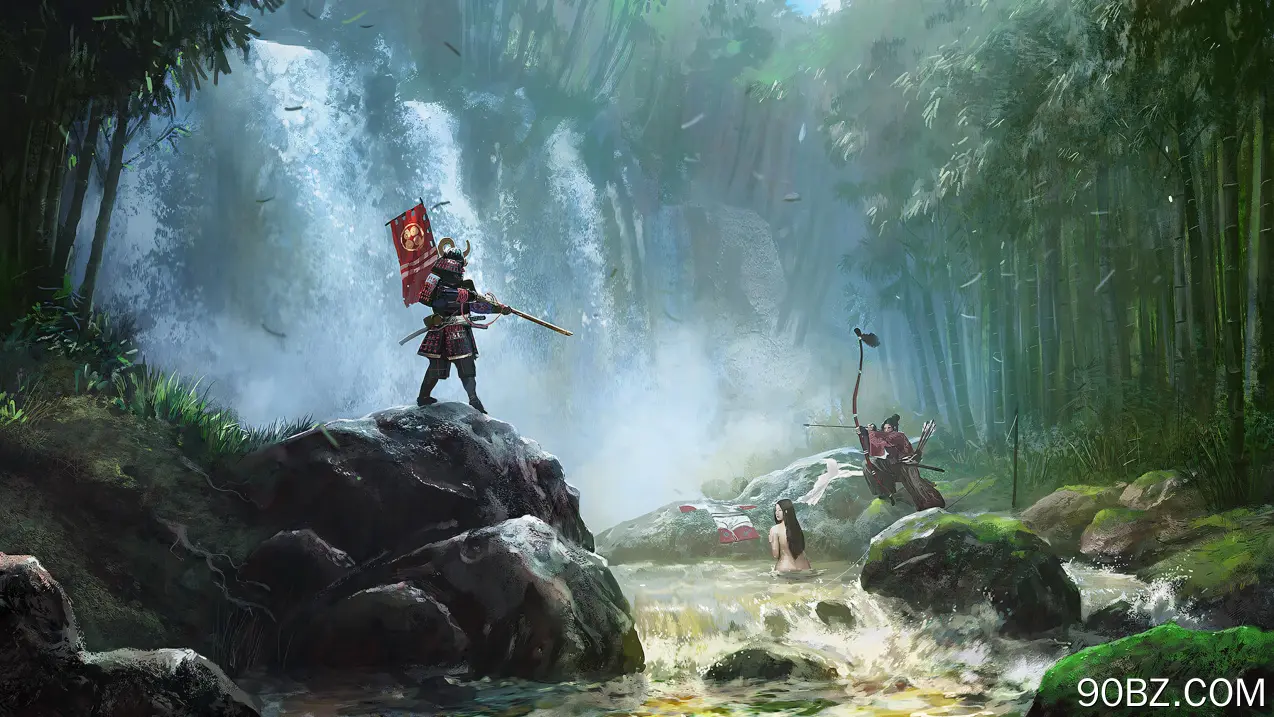 格鲁尔·爱德华，艺站，瀑布，人物，河流，森林，树木，武士，弓箭手，阳光，数字艺术，枪，持枪男孩，弓箭，两人，女性，户外，水，盔