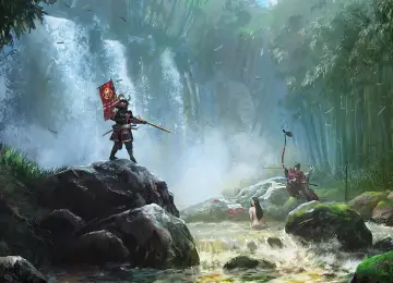 格鲁尔·爱德华，艺站，瀑布，人物，河流，森林，树木，武士，弓箭手，阳光，数字艺术，枪，持枪男孩，弓箭，两人，女性，户外，水，盔  3068x1726