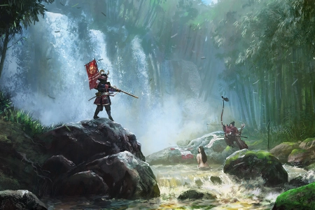 格鲁尔·爱德华，艺站，瀑布，人物，河流，森林，树木，武士，弓箭手，阳光，数字艺术，枪，持枪男孩，弓箭，两人，女性，户外，水，盔 3068x1726