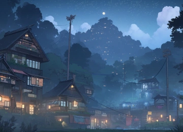 AI艺术 村庄 夜晚 建筑 云 树 叶 灯 电脑壁纸 4K壁纸  6720x2880