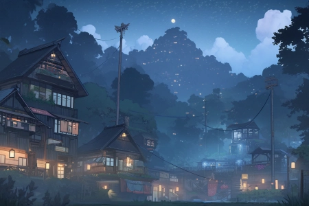 AI艺术 村庄 夜晚 建筑 云 树 叶 灯 电脑壁纸 4K壁纸 6720x2880