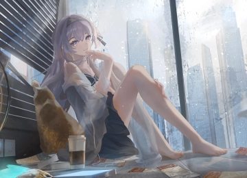 少女 休闲 玻璃 窗 女孩 坐着 咖啡 暖炉 4K壁纸  3840x2160