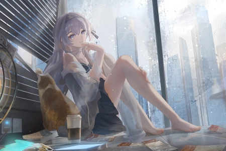 少女 休闲 玻璃 窗 女孩 坐着 咖啡 暖炉 4K壁纸 3840x2160