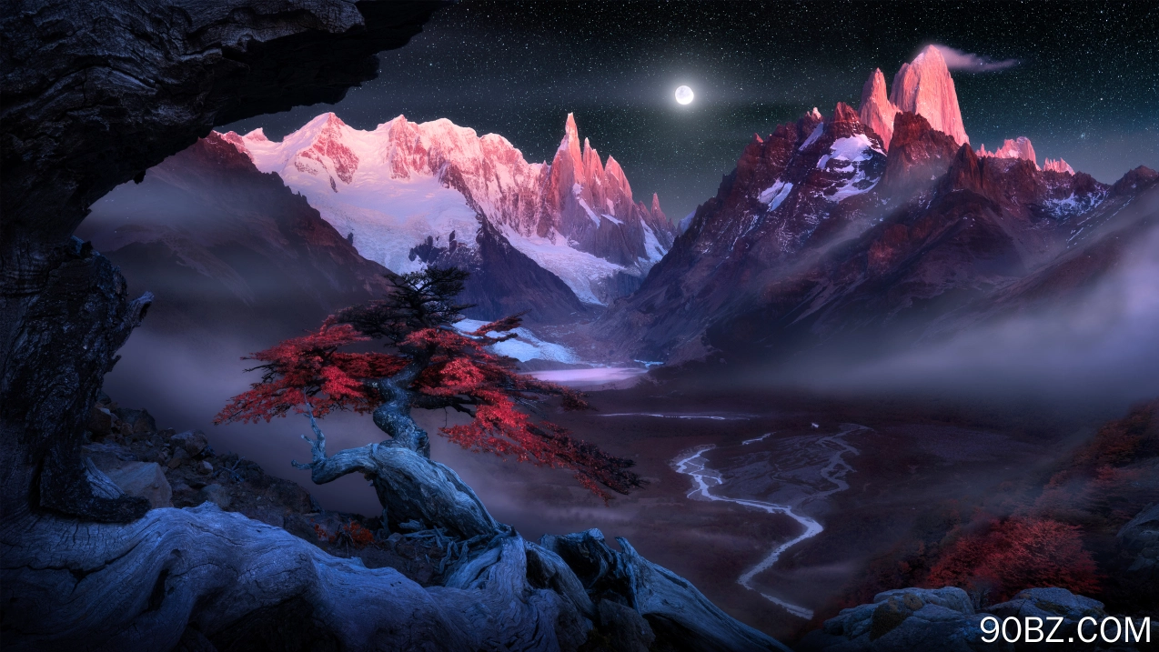风景 自然 山脉 树木 夜 月亮 河流 雾 雪 夜 星夜 月光 满月 星星 雪山  电脑壁纸 4K壁纸