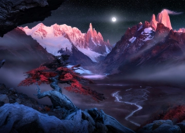 风景 自然 山脉 树木 夜 月亮 河流 雾 雪 夜 星夜 月光 满月 星星 雪山  电脑壁纸 4K壁纸  5120x2881