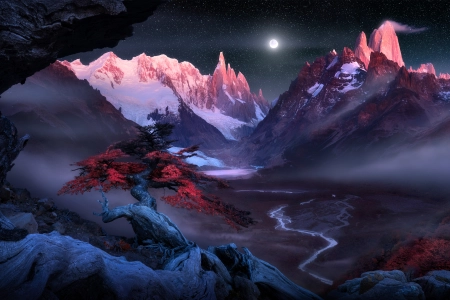 风景 自然 山脉 树木 夜 月亮 河流 雾 雪 夜 星夜 月光 满月 星星 雪山  电脑壁纸 4K壁纸 5120x2881