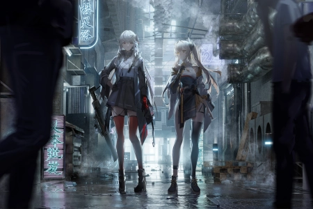 女孩 长发 动漫 动漫女孩 枪 手套 双胞胎 霓虹灯 标志 城市 赛博朋克 游戏  电脑壁纸 4K壁纸 5602x2587