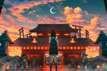 奇幻艺术 天空 云 星星 月亮 裙子 日落 建筑 后视 新月 电脑壁纸 4K壁纸 3840x2160