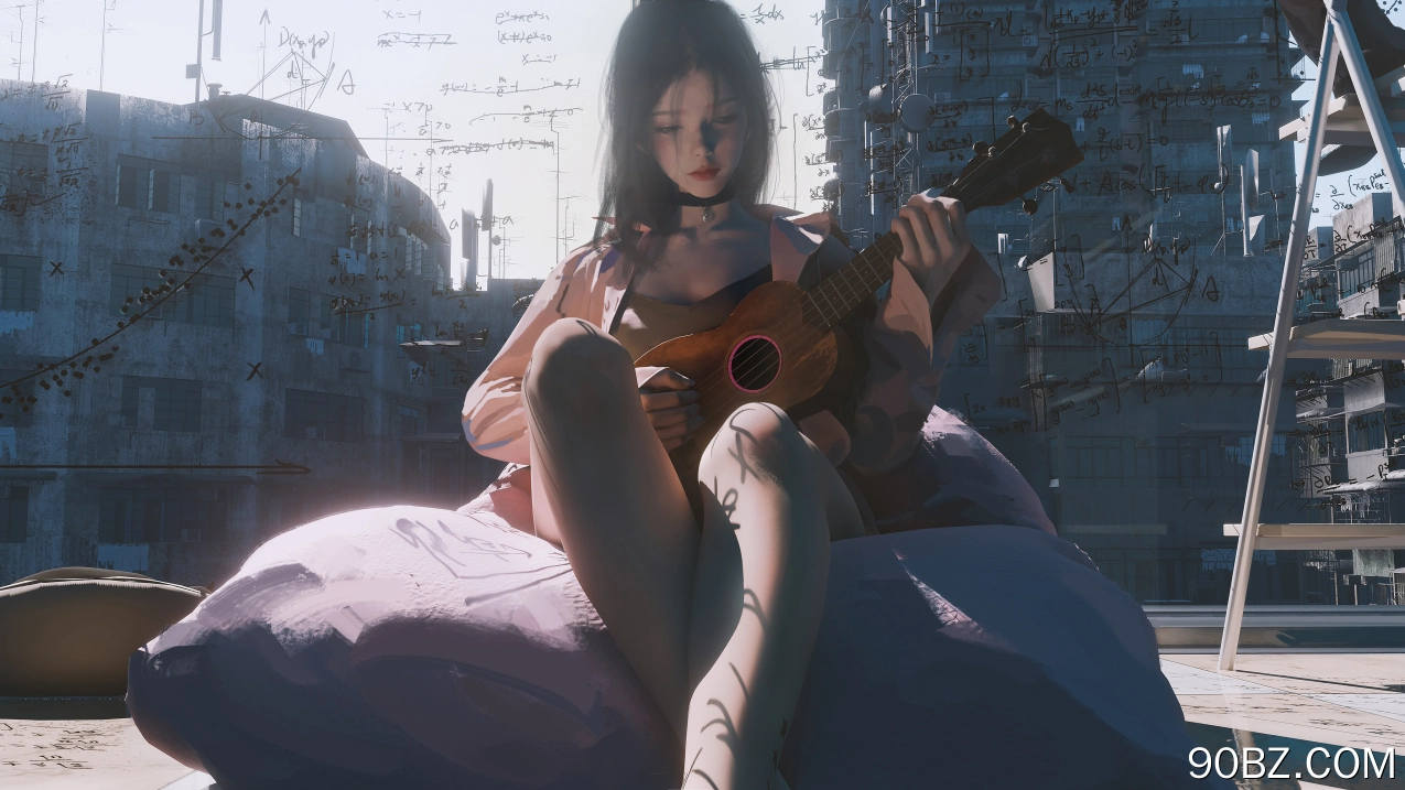 女性 吉他 插图 乐器 宽屏 项链 公式 4K壁纸