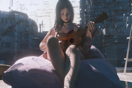 女性 吉他 插图 乐器 宽屏 项链 公式 4K壁纸 4000x2250
