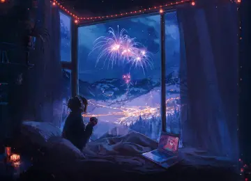 窗户 烟花 星星 山 笔记本电脑 天空 云 城市灯光 耳机  电脑壁纸 4K壁纸  3840x2336