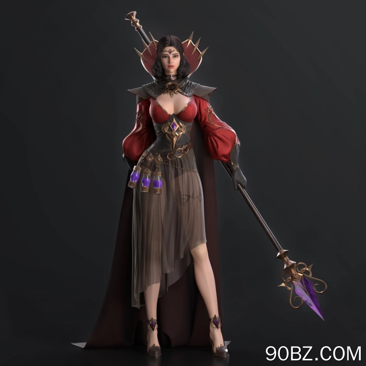 女人 黑发 蓝眼睛 连衣裙 武器 法杖 药水 长袍 红色衣服 手机壁纸 4K壁纸