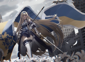 金发 动漫 女孩 花 武器 国旗 明日方舟 命运系列 4K壁纸  4032x2309