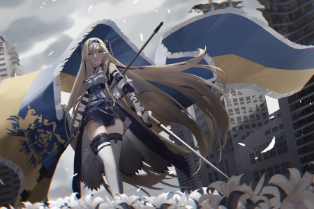 金发 动漫 女孩 花 武器 国旗 明日方舟 命运系列 4K壁纸 4032x2309