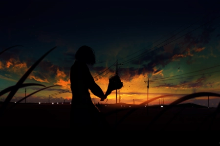 幻想 女孩 景观 黄昏 日落 剪影 花束 4K壁纸 4096x2320