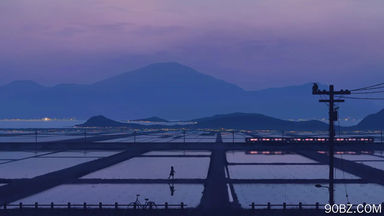 数字艺术 插图 绘画 风景 自然 山脉 电线杆 稻田 火车 倒影 蓝色 4K壁纸