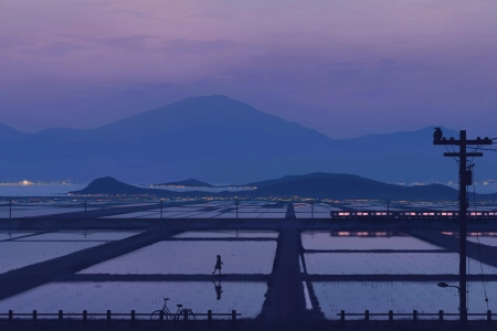 数字艺术 插图 绘画 风景 自然 山脉 电线杆 稻田 火车 倒影 蓝色 4K壁纸 3840x2160