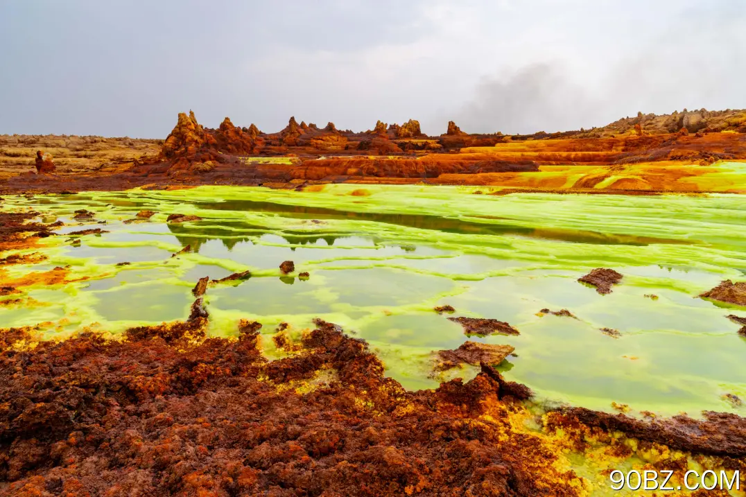 风景 自然 火山 池塘 酸池 硫池 天空 倒影 云朵 水面 4K壁纸