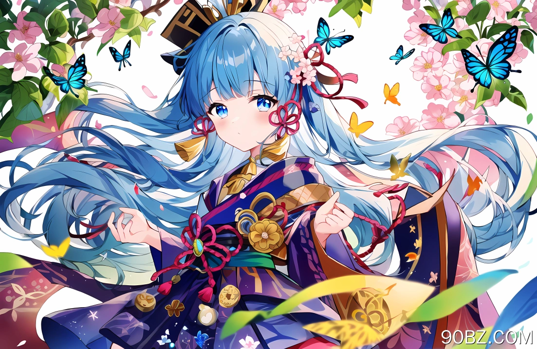 蓝头发 蓝眼睛 长发 动漫 女孩 原神 蝴蝶 鲜花 和服 花瓣 五颜六色 4K壁纸