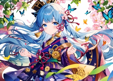 蓝头发 蓝眼睛 长发 动漫 女孩 原神 蝴蝶 鲜花 和服 花瓣 五颜六色 4K壁纸  5120x3328