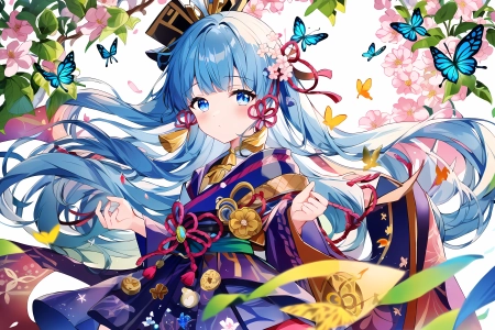 蓝头发 蓝眼睛 长发 动漫 女孩 原神 蝴蝶 鲜花 和服 花瓣 五颜六色 4K壁纸 5120x3328