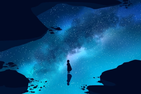 优雅 动漫 天空 女孩 星星 星景 简单背景 极简主义 4K壁纸 5640x2400