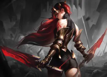 英雄联盟 红发 长发 狼选者 面具 刀片 灰色背景 盔甲 数字艺术 4K壁纸  3840x2160