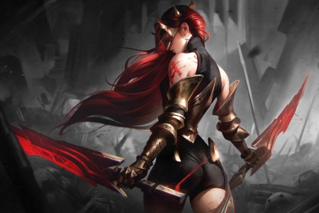 英雄联盟 红发 长发 狼选者 面具 刀片 灰色背景 盔甲 数字艺术 4K壁纸 3840x2160