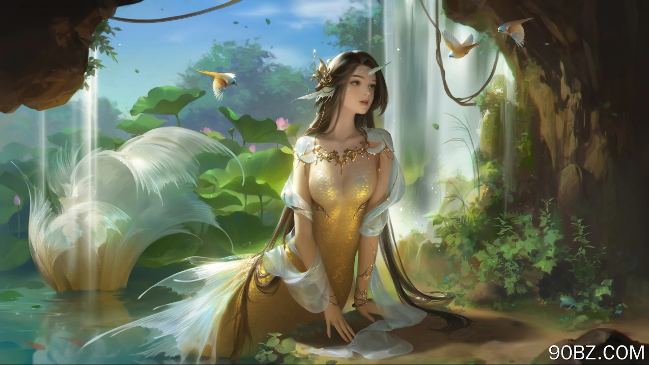 女人 梦幻女孩 美人鱼 梦幻艺术 AI艺术 生物 鸟 瀑布 植物  电脑壁纸 4K壁纸
