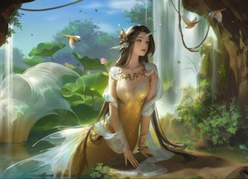 女人 梦幻女孩 美人鱼 梦幻艺术 AI艺术 生物 鸟 瀑布 植物  电脑壁纸 4K壁纸  5120x2880