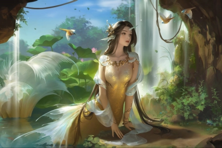 女人 梦幻女孩 美人鱼 梦幻艺术 AI艺术 生物 鸟 瀑布 植物  电脑壁纸 4K壁纸 5120x2880