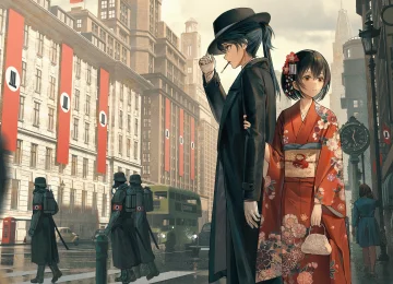 樱花少女，机甲少年，工业城市，和服，老爷车，士兵，防毒面具  4096x1964